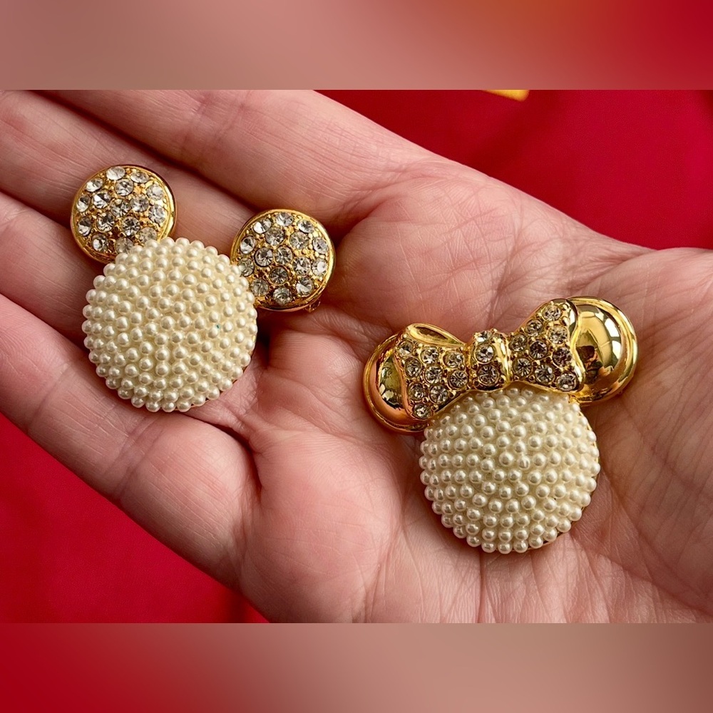 Vintage Disney Mickey & Minnie Mouse 3D icon face Gold Pearl Crystal Brooch Pin - Picture 4 of 4